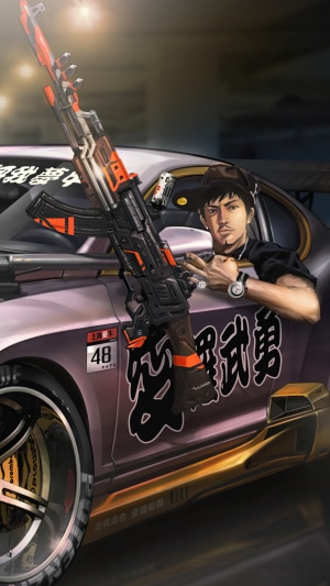 Man with rifle in a modified car