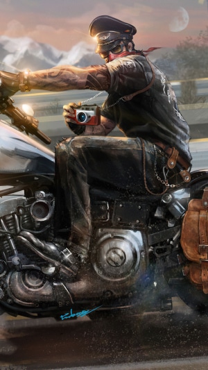 Biker with camera on motorcycle artwork
