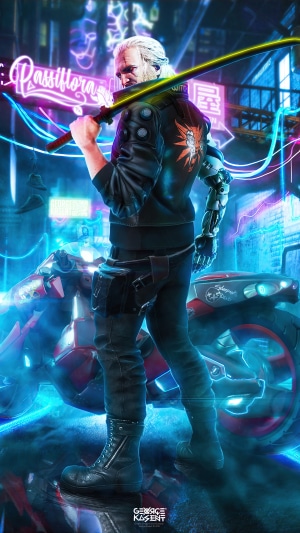 Geralt of Rivia from The Witcher 3 in Cyberpunk 2077 style