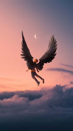 Angel with black wings in the sky at sunset