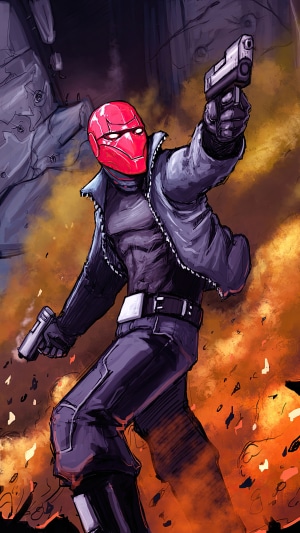 Red Hood holding two pistols in front of fire