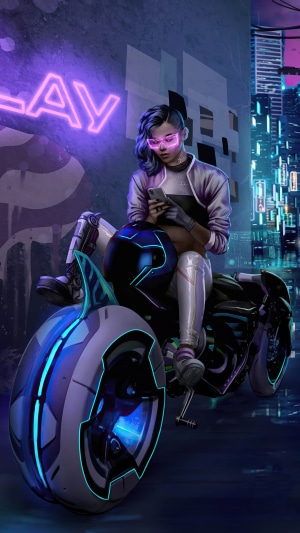 Cyberpunk woman on a motorcycle with neon lights