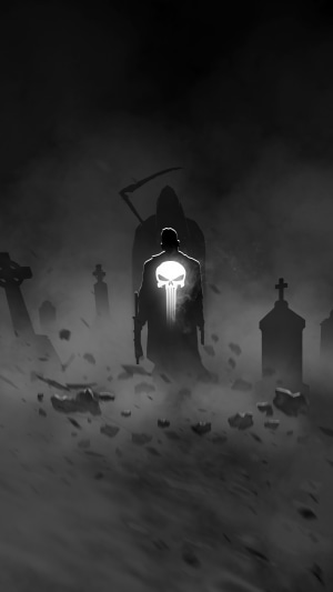 The Punisher in a graveyard with Grim Reaper