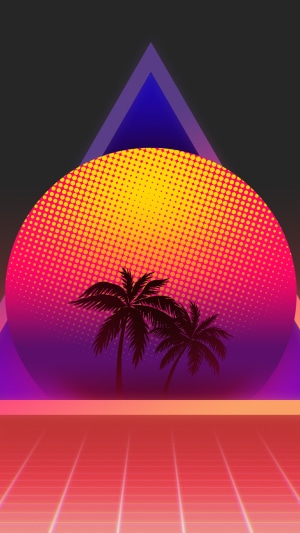 Synthwave sunset with palm trees and grid