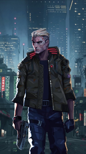 V from Cyberpunk 2077 in a futuristic city