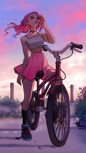 Girl with pink hair and bicycle at sunset