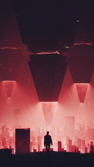 Man standing in a dystopian city with red lights