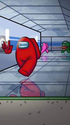 Among Us characters in a hallway