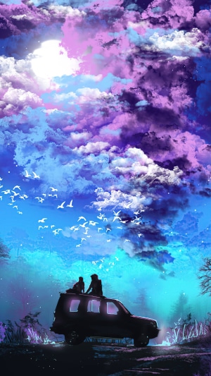 Two figures on a car roof under a colorful sky