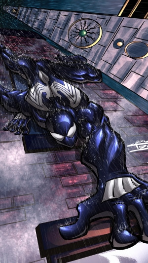 Spider-Man in Black Suit on a Rainy Rooftop