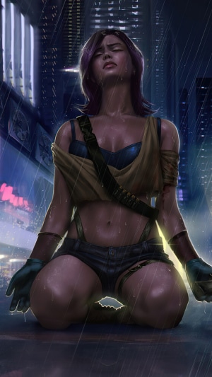 Cyberpunk woman kneeling in the rain