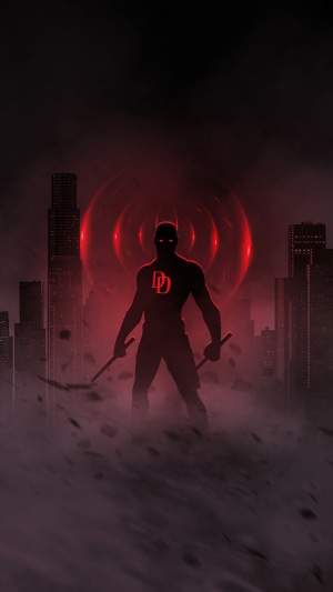 Daredevil silhouette with DD logo in city at night 4K