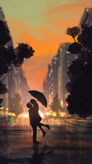 Romantic Couple Kissing Under Umbrella at Sunset 4K