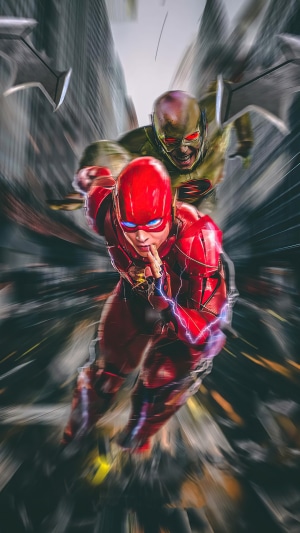 The Flash and Reverse-Flash running in a city