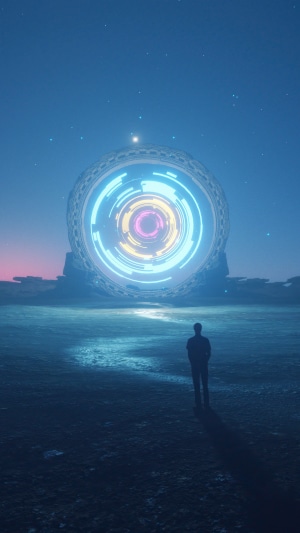 Man standing before a glowing portal