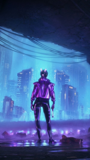 Cyberpunk character in neon city 4K