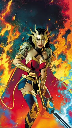 Wonder Woman in armor with sword and lasso