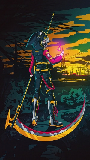 Grim Reaper character with scythe and glowing orb