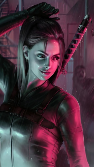 Woman with sword in the rain