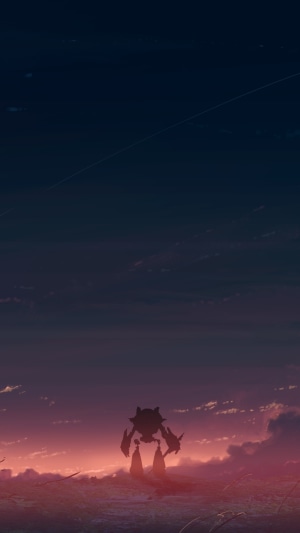 Silhouette of a mech against a sunset sky