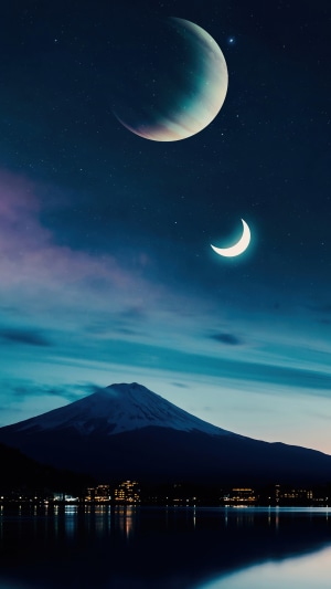 Mount Fuji at night with two moons