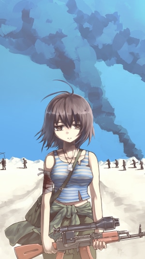Anime girl with a rifle in a war-torn landscape