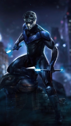 Nightwing with escrima sticks in a city at night