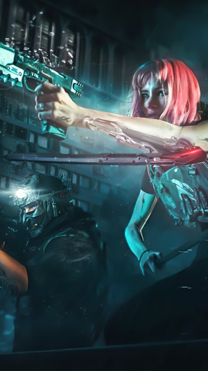 Cyberpunk warrior with pink hair aiming a futuristic gun