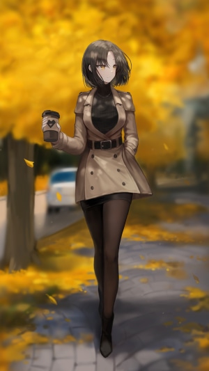 Anime girl with coffee in autumn