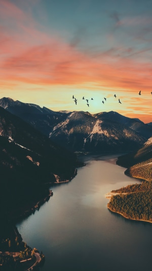 Birds flying over mountains and lake at sunset 4K