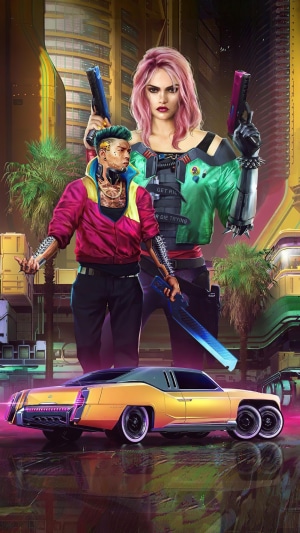 Cyberpunk 2077 characters with a car
