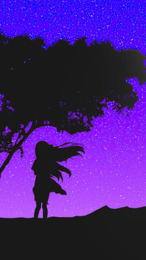 Silhouette of a girl under a tree at night