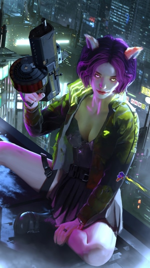 Cyberpunk girl with cat ears and gun on rooftop