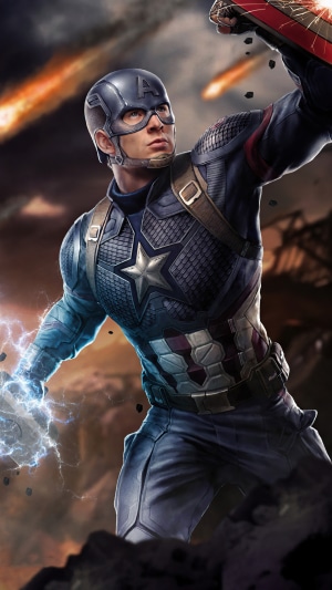 Captain America in battle with Mjolnir and shield