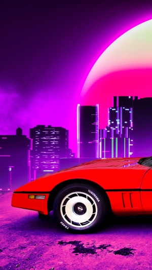 Red Corvette in a Neon Cityscape