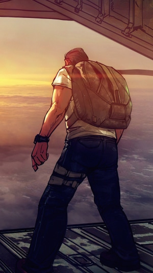 Man with backpack on airplane at sunset