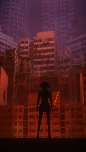Silhouette of a ninja with a sword in a futuristic city