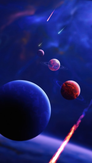 Digital universe artwork with planets and meteors
