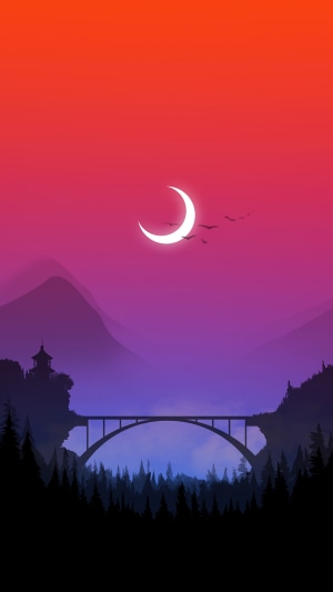Minimalist bridge at sunset with crescent moon