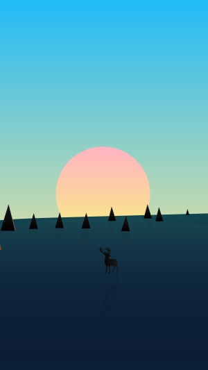 Minimalist deer in a landscape with a large sun