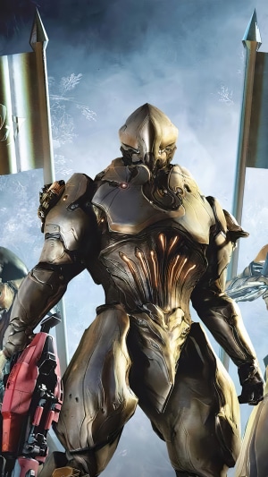 Warframe character with weapon and flags