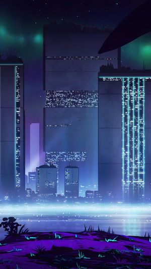Cyberpunk cityscape with neon lights and futuristic buildings