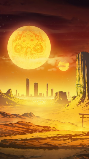 Alien Desert Landscape with Twin Suns and Cityscape