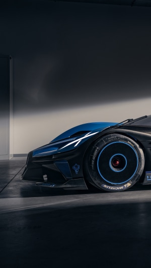 Bugatti Bolide race car in a garage
