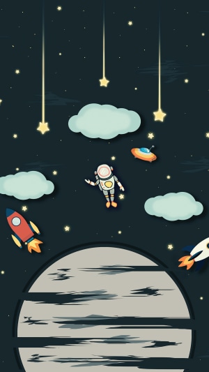 Astronaut floating in space with planets and rockets