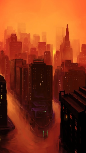 Digital Art of a Cityscape at Sunset