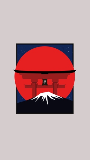 Minimalist Japanese Torii Gate with Mount Fuji and Sun