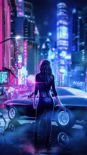 Woman with gun and car in neon city 4K