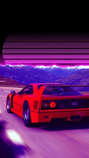 Red Ferrari F40 driving on a road with mountains and a retro sunset