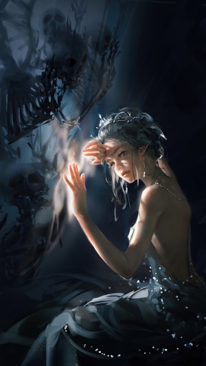Queen with a skeletal figure in digital art 4K